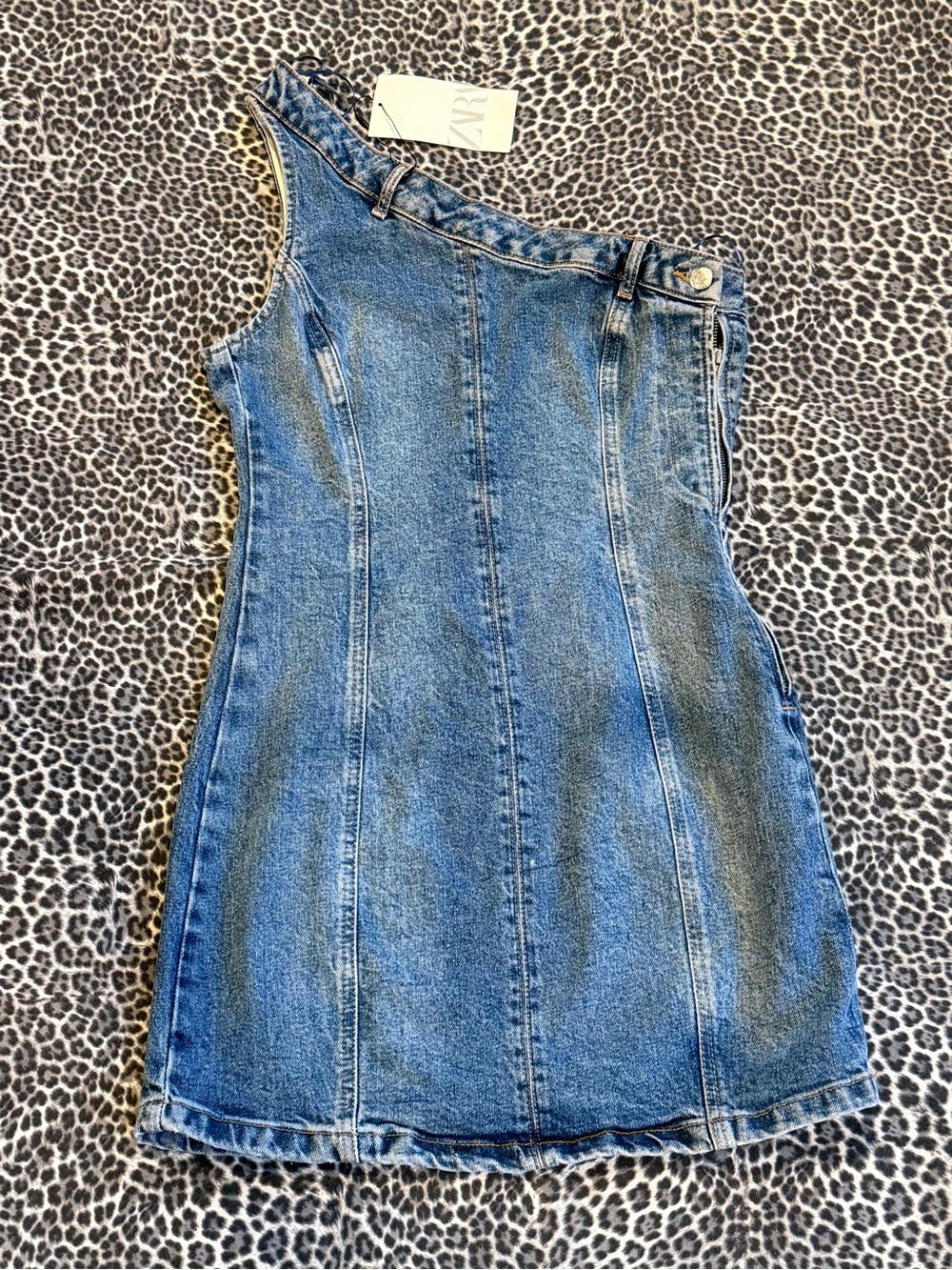 Zara Asymmetrical One-Shoulder Denim Mini Dress - Blue Size M NWT - Picture 6 of 11